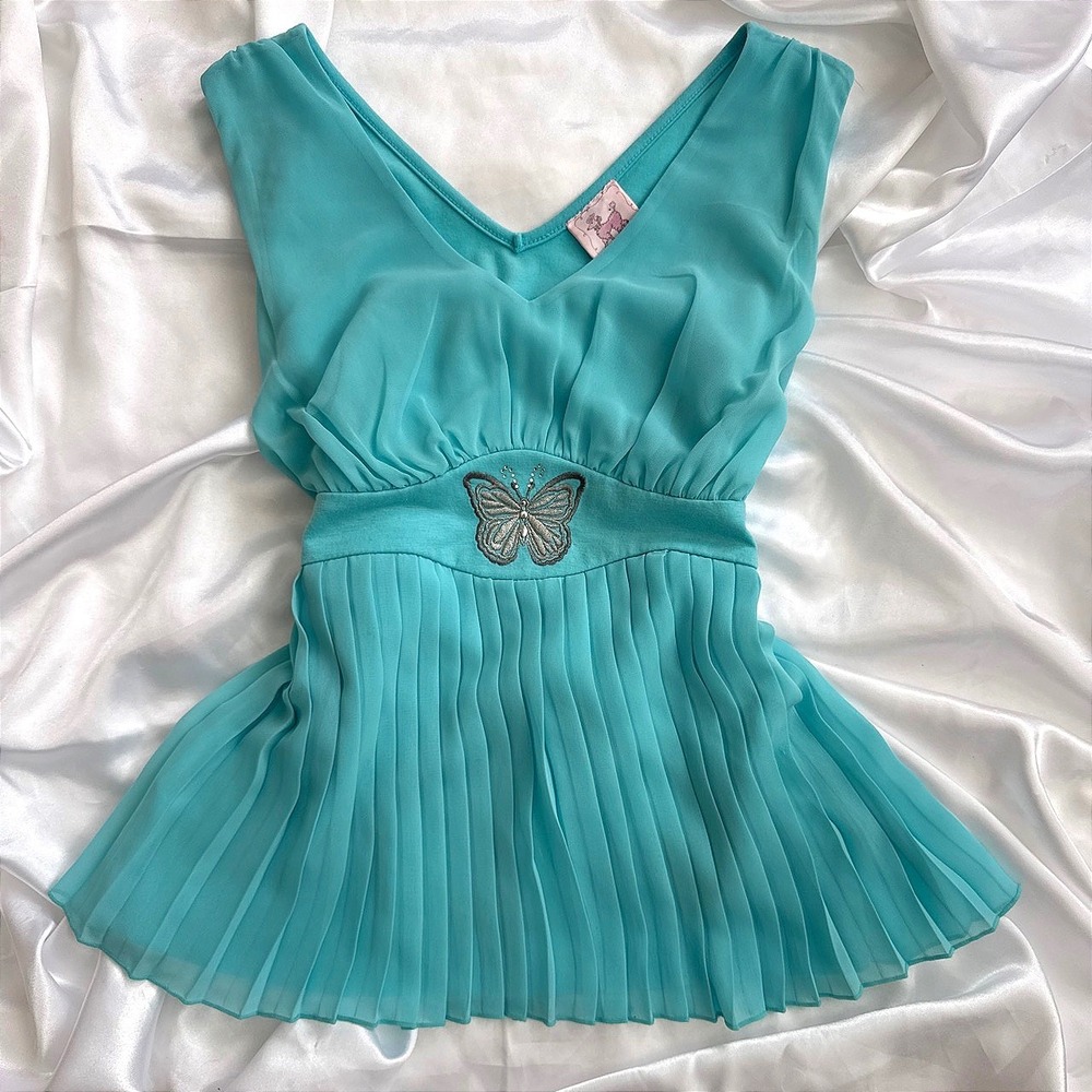 Pink Poodle Turquoise Butterfly Pleated Babydoll Top V-Neck Y2K Sleeveless Small